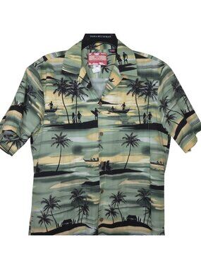 Vintage RJC Mens Hawaiian Shirt Surf Palm Print Green Short Sleeve Button-Down M